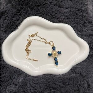Gold and Blue Crystal Accent Teardrop Cross Necklace